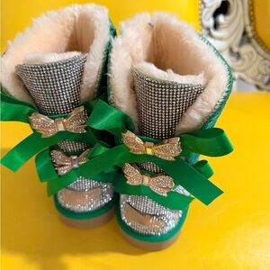 Green Rhinestone Bow Boots